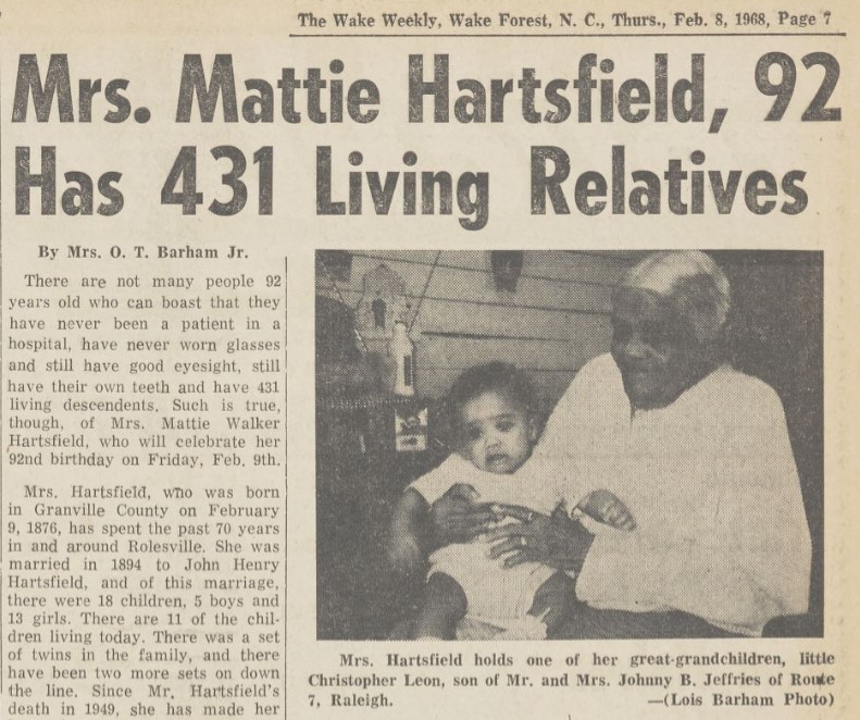 Mattie Hartsfield - 92 years old, 143 living relatives